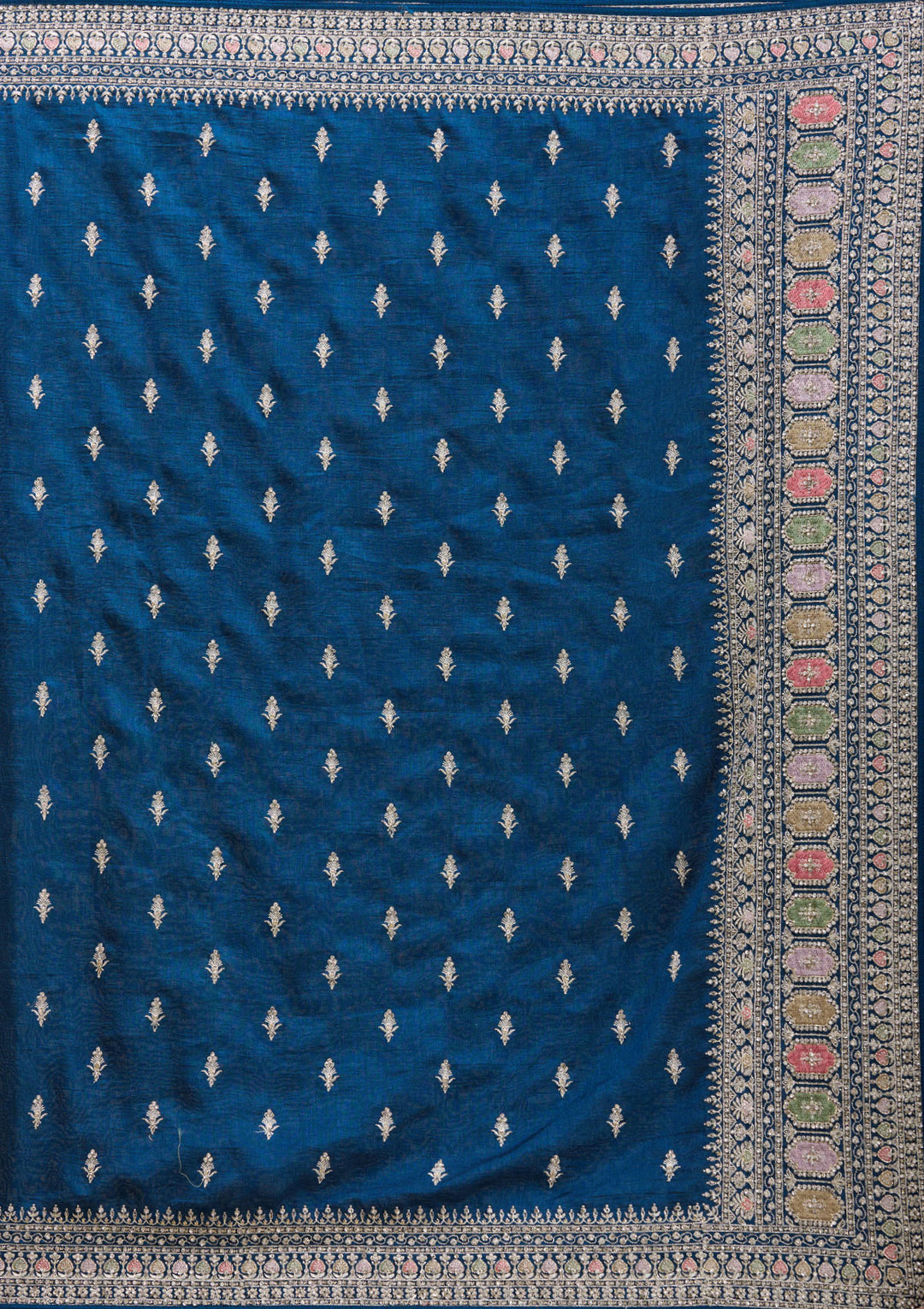 Peacock Blue Threadwork Soft Raw Silk Saree