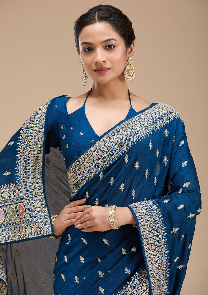 Peacock Blue Threadwork Soft Raw Silk Saree