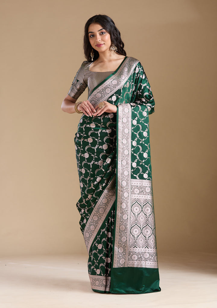 Bottle Green Zariwork (Silver) Banarasi Silk Saree