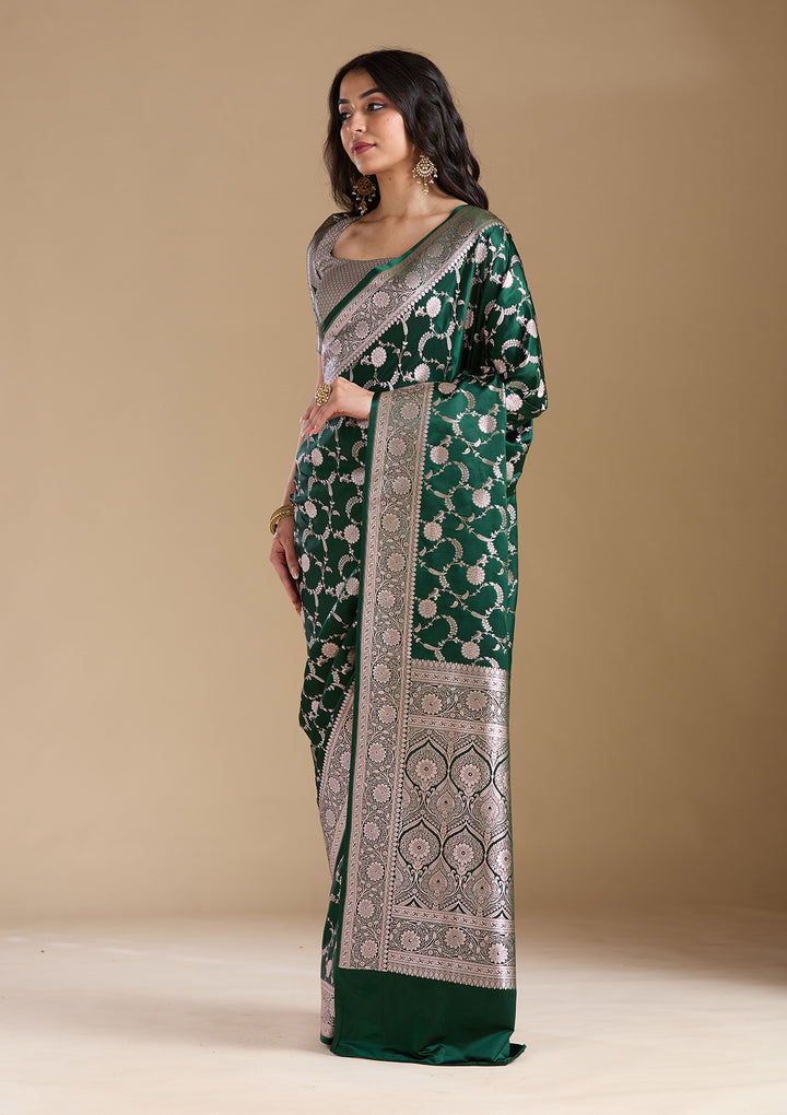 Bottle Green Zariwork (Silver) Banarasi Silk Saree