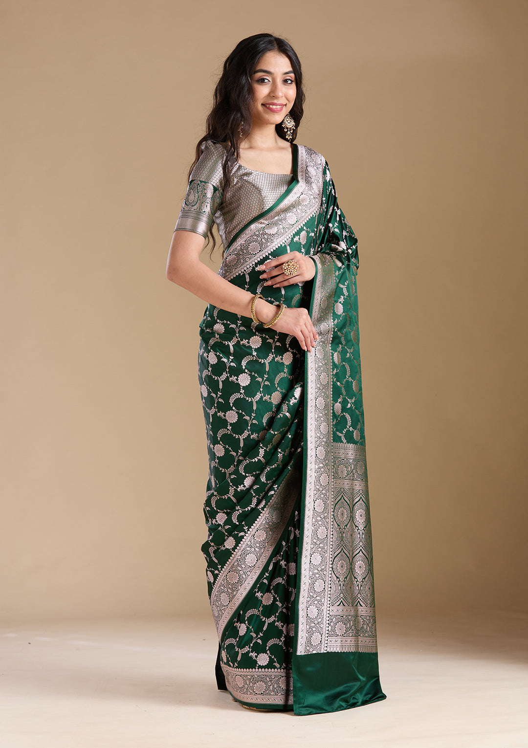 Bottle Green Zariwork (Silver) Banarasi Silk Saree