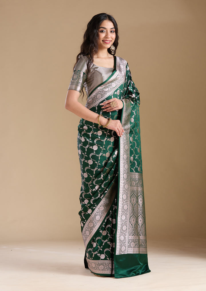Bottle Green Zariwork (Silver) Banarasi Silk Saree