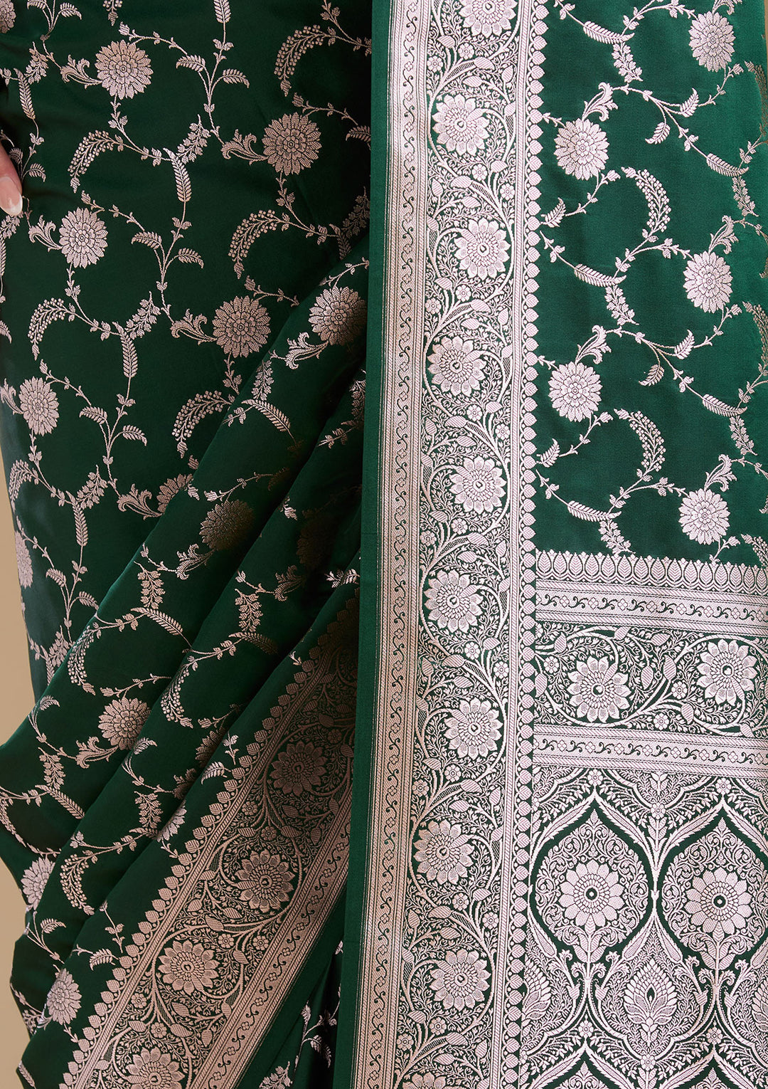 Bottle Green Zariwork (Silver) Banarasi Silk Saree