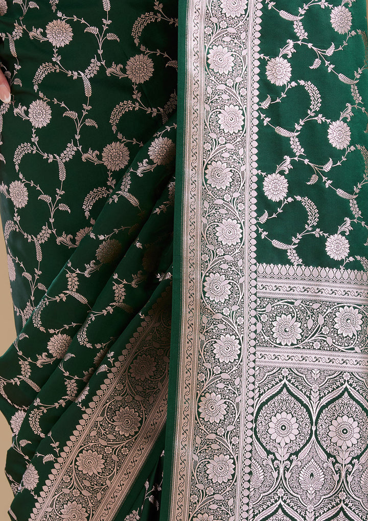 Bottle Green Zariwork (Silver) Banarasi Silk Saree
