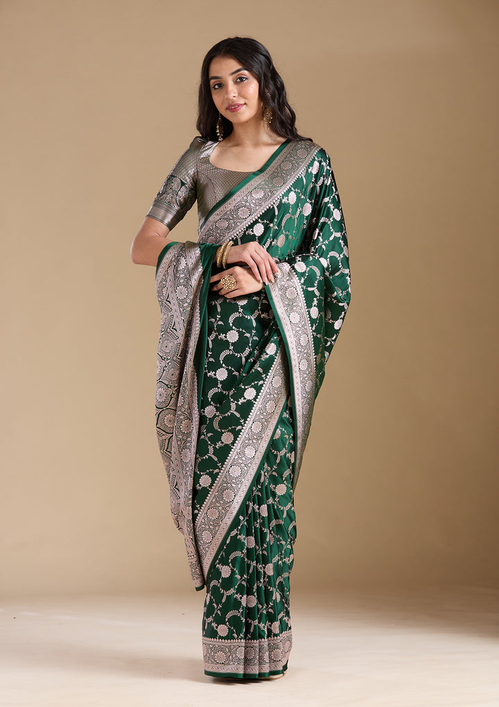 Bottle Green Zariwork (Silver) Banarasi Silk Saree