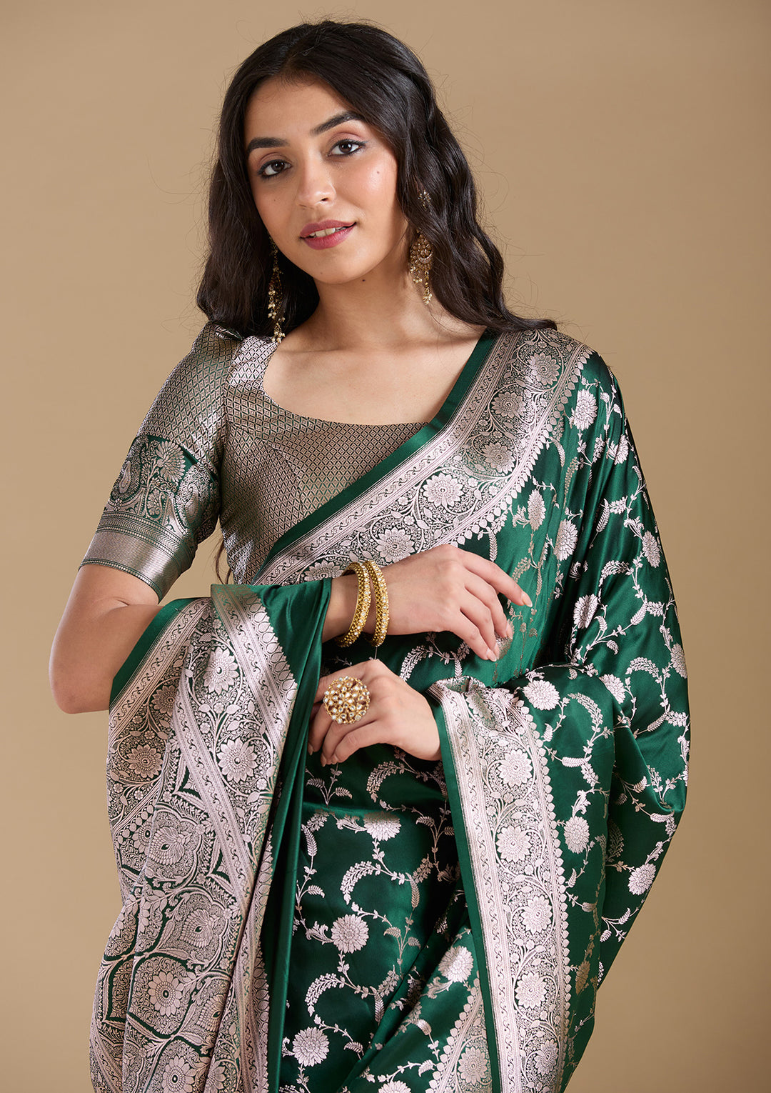 Bottle Green Zariwork (Silver) Banarasi Silk Saree