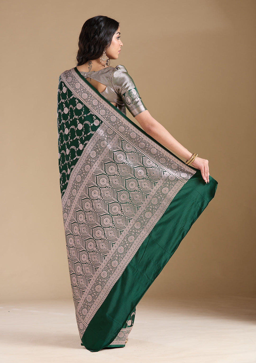 Bottle Green Zariwork (Silver) Banarasi Silk Saree