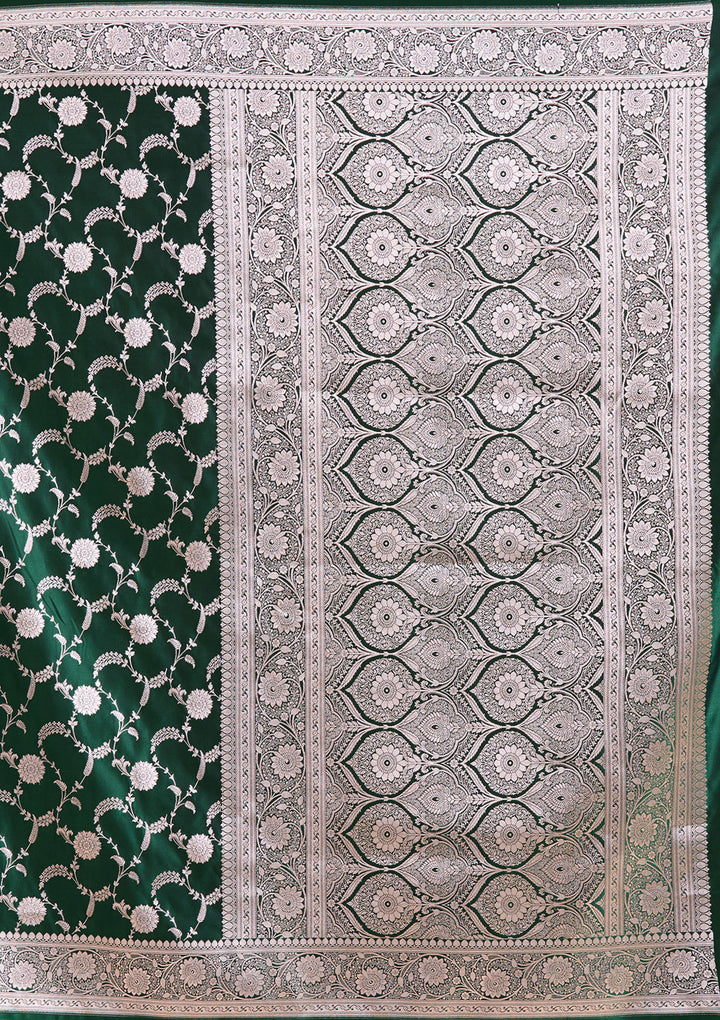 Bottle Green Zariwork (Silver) Banarasi Silk Saree