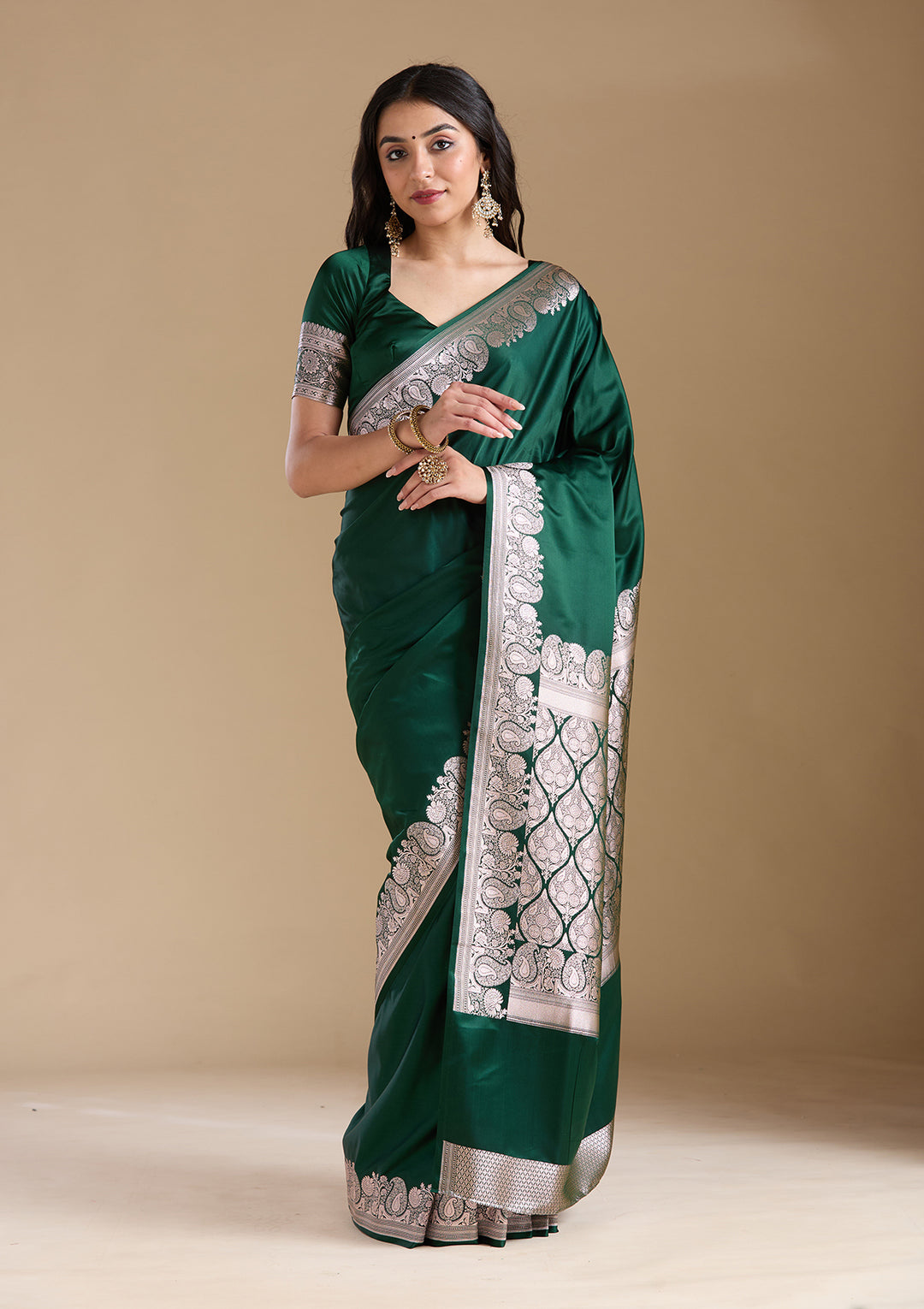 Bottle Green Zariwork (Gold) Banarasi Silk Saree