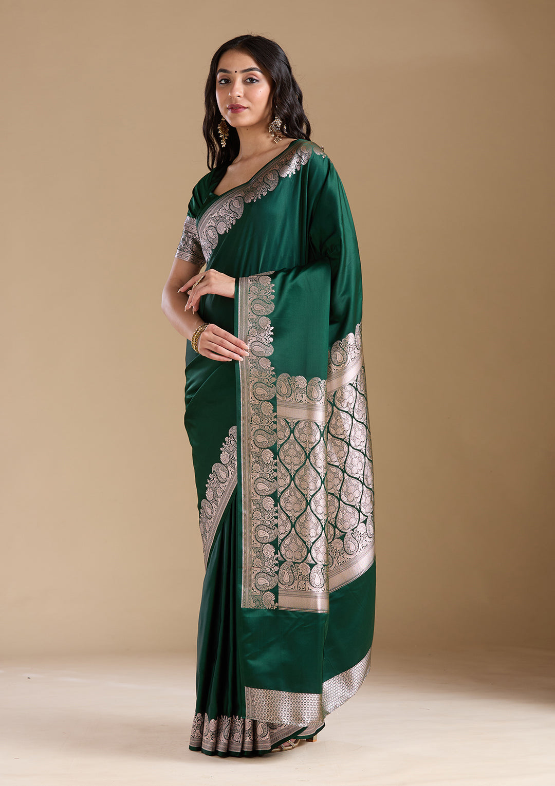 Bottle Green Zariwork (Gold) Banarasi Silk Saree