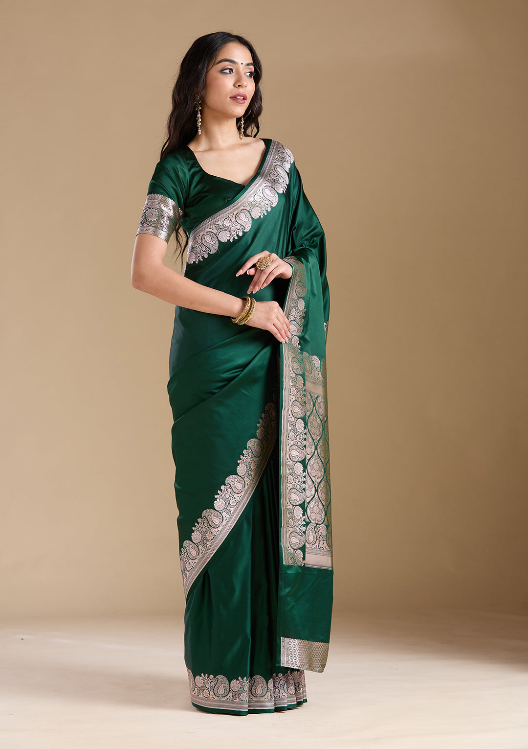 Bottle Green Zariwork (Gold) Banarasi Silk Saree