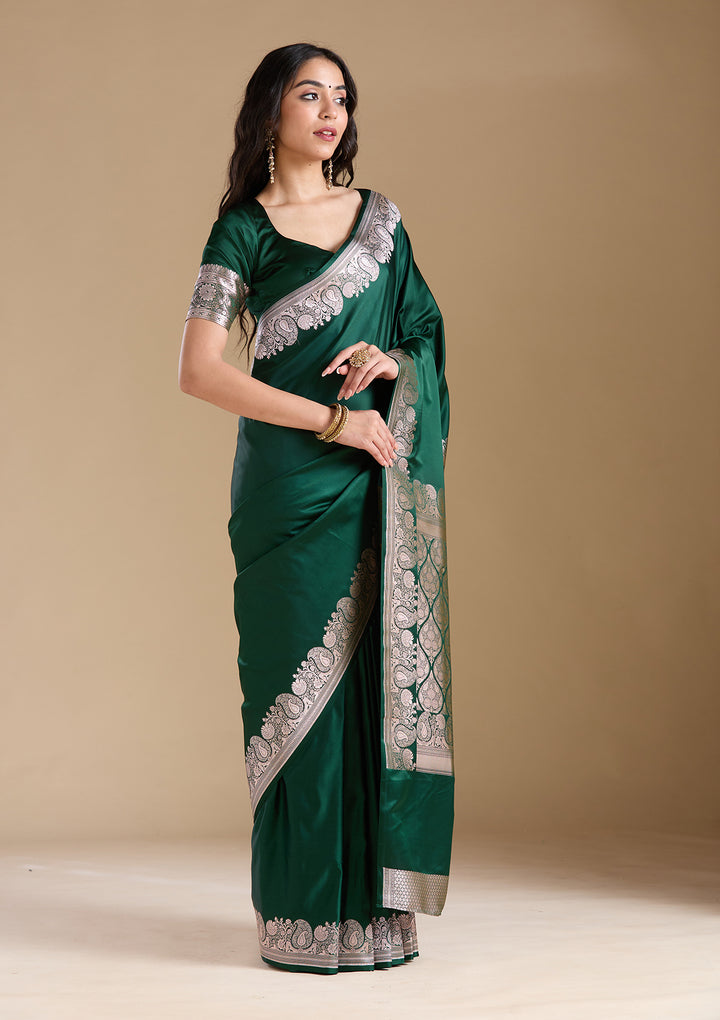 Bottle Green Zariwork (Gold) Banarasi Silk Saree