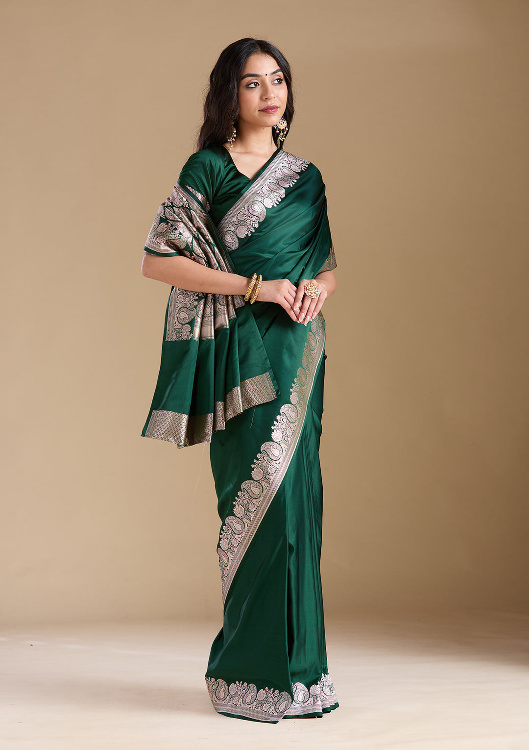 Bottle Green Zariwork (Gold) Banarasi Silk Saree