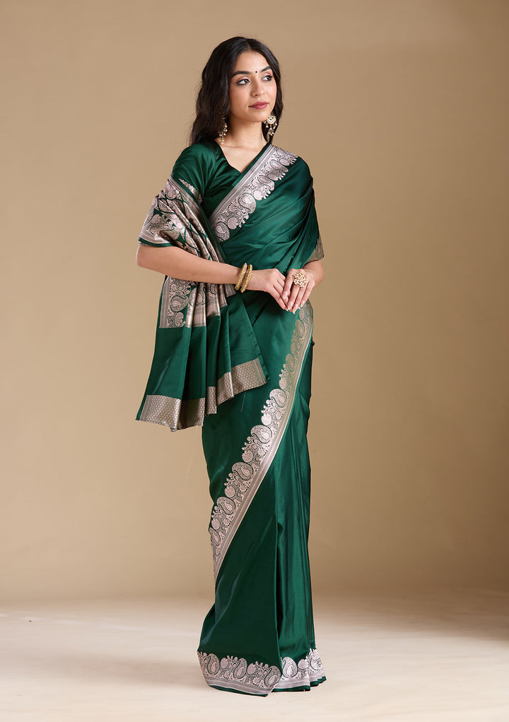 Bottle Green Zariwork (Gold) Banarasi Silk Saree