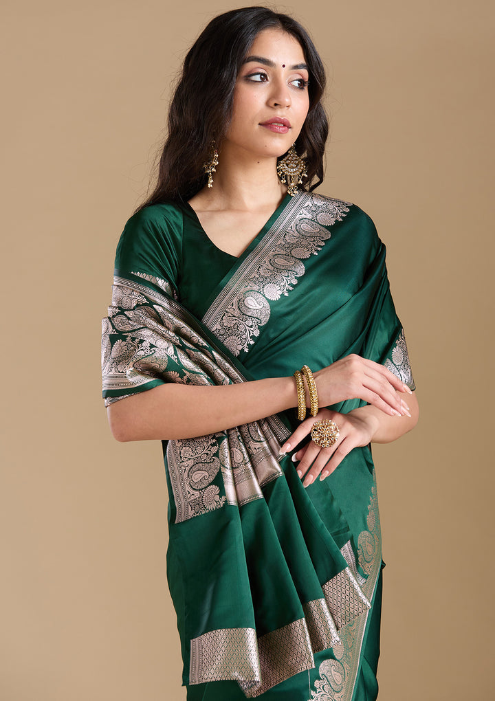 Bottle Green Zariwork (Gold) Banarasi Silk Saree