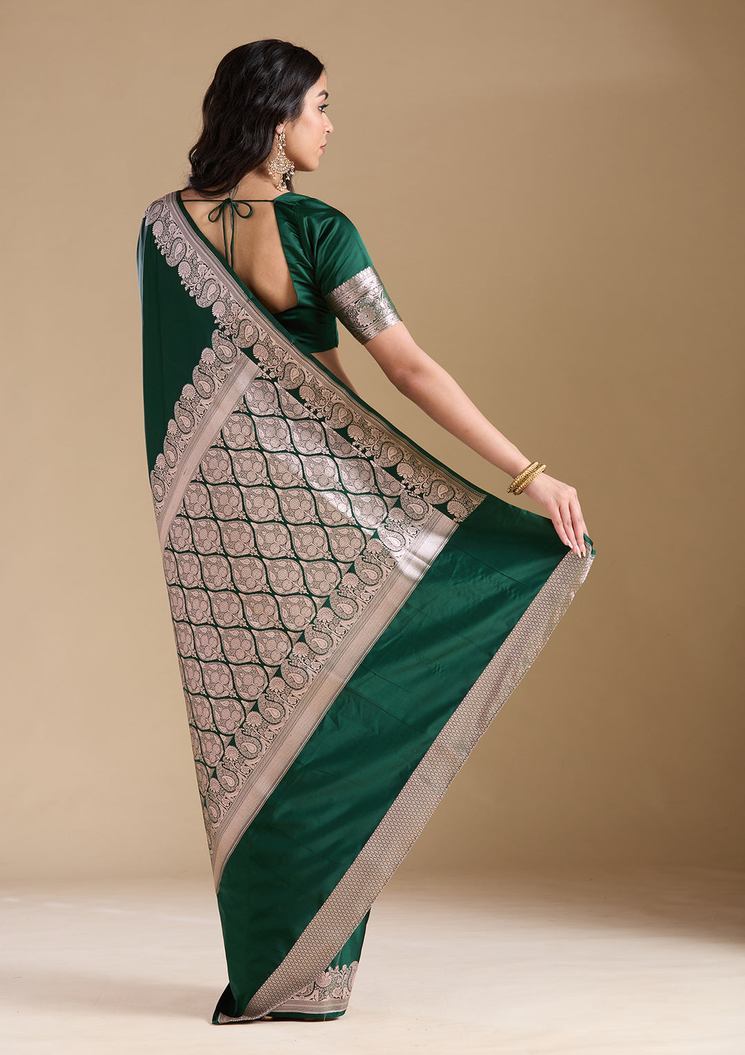 Bottle Green Zariwork (Gold) Banarasi Silk Saree