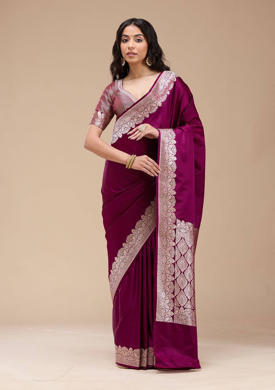 Wine Zariwork (Gold) Banarasi Silk Saree