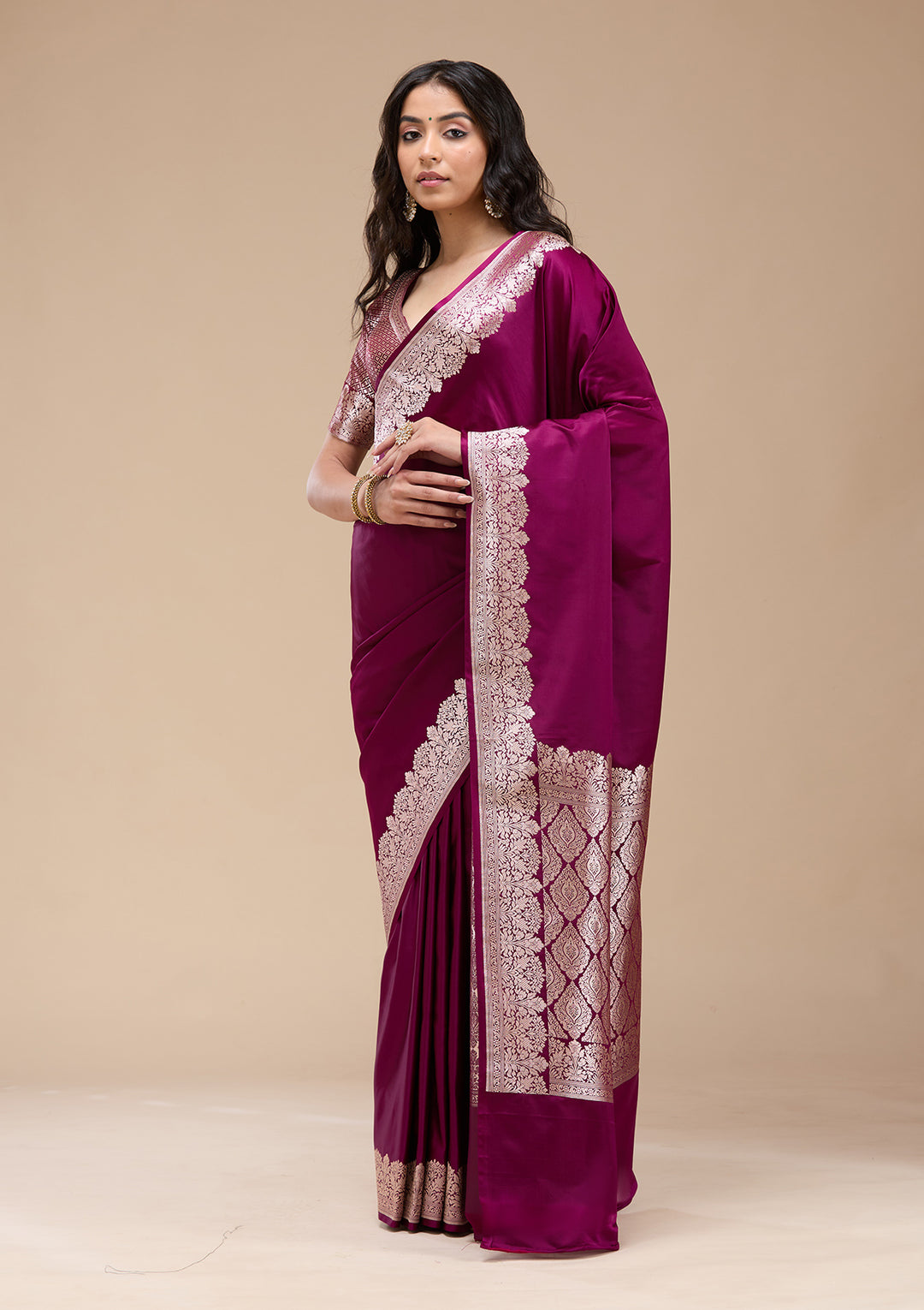 Wine Zariwork (Gold) Banarasi Silk Saree