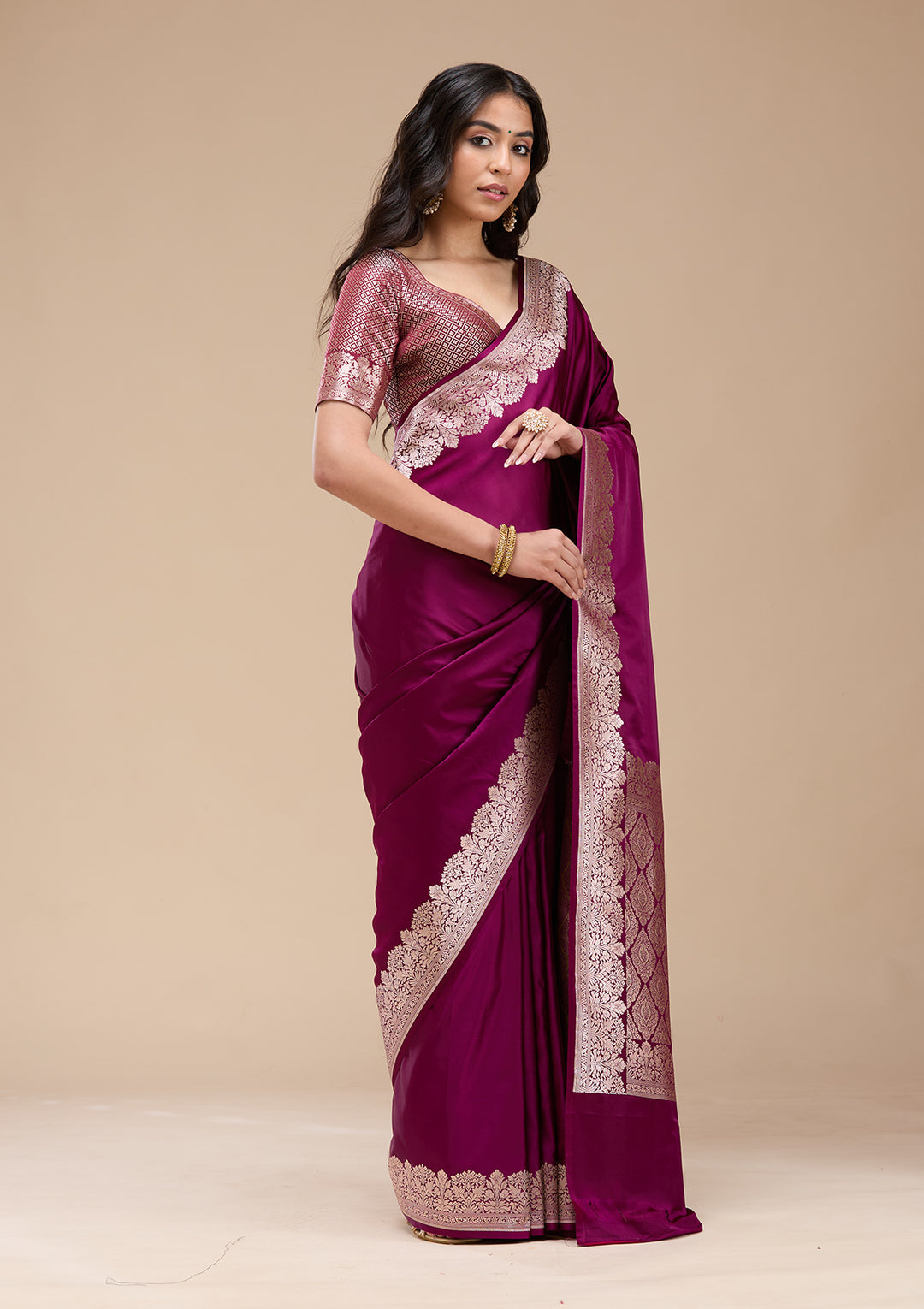 Wine Zariwork (Gold) Banarasi Silk Saree
