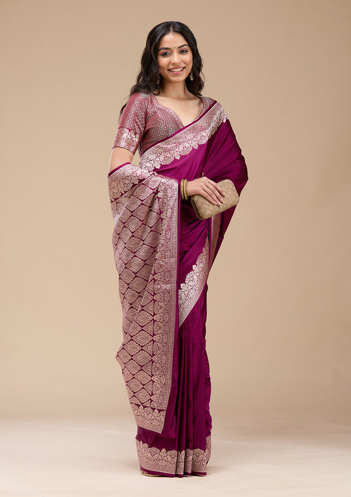 Wine Zariwork (Gold) Banarasi Silk Saree