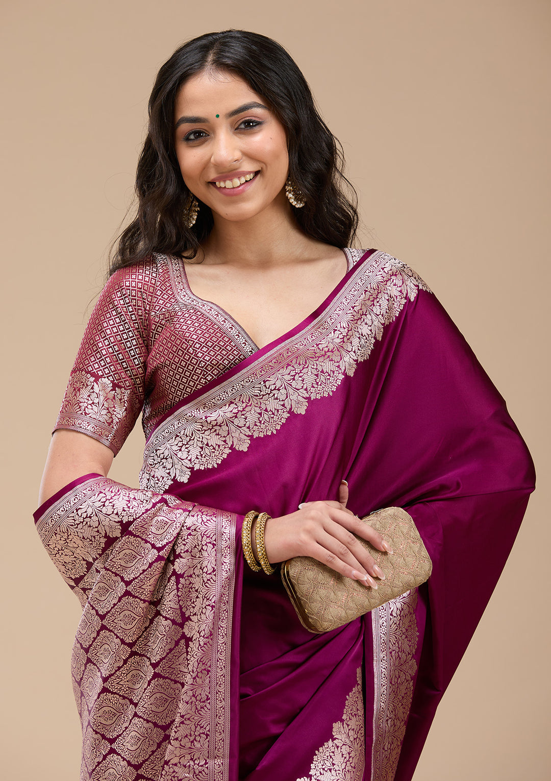 Wine Zariwork (Gold) Banarasi Silk Saree