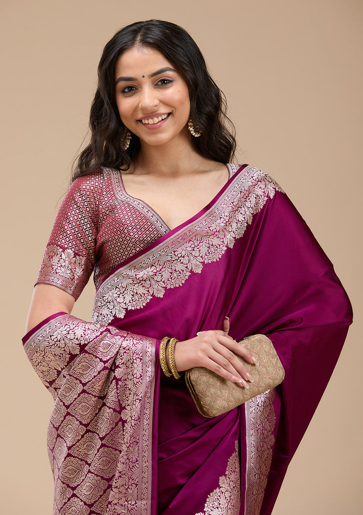 Wine Zariwork (Gold) Banarasi Silk Saree