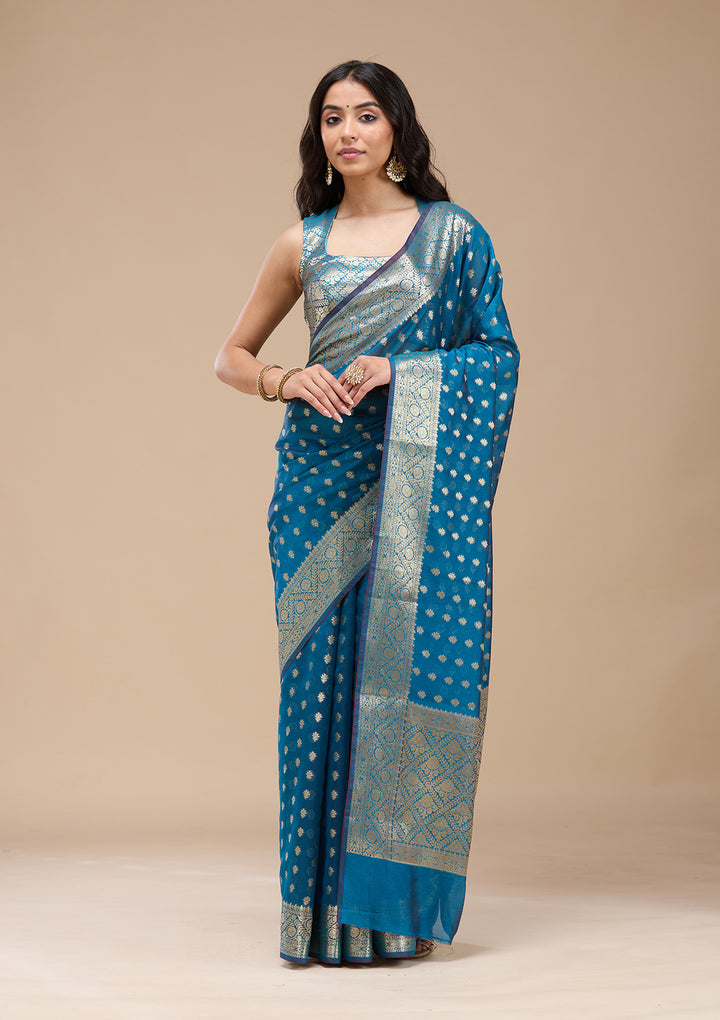 Navy Blue Zariwork (Gold) Banarasi Silk Saree