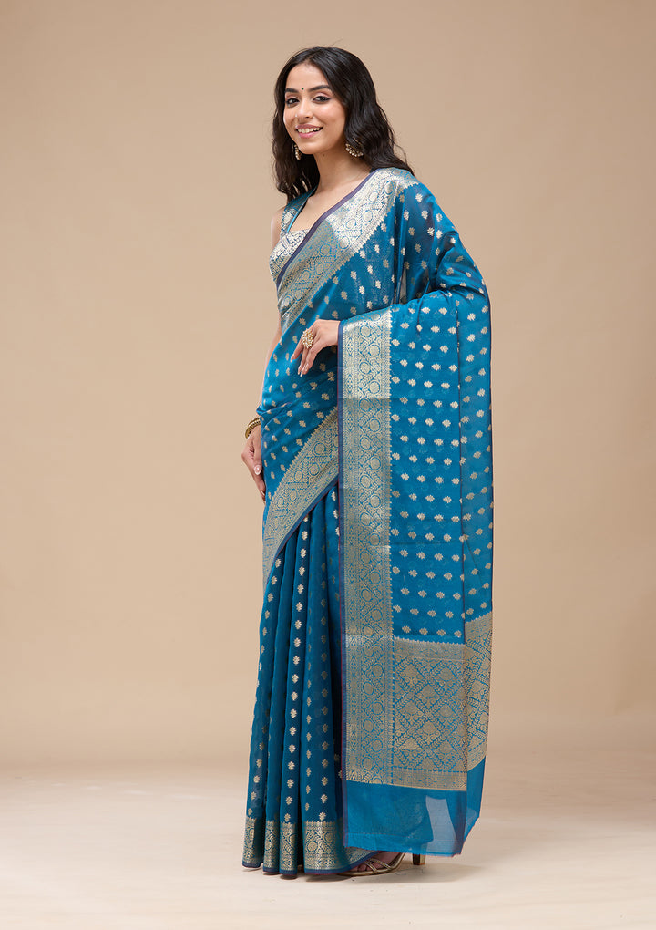 Navy Blue Zariwork (Gold) Banarasi Silk Saree
