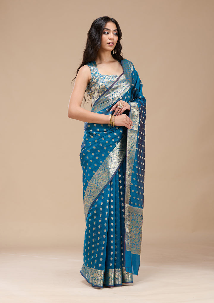 Navy Blue Zariwork (Gold) Banarasi Silk Saree