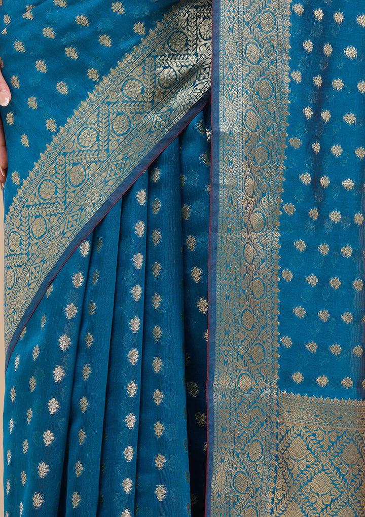 Navy Blue Zariwork (Gold) Banarasi Silk Saree