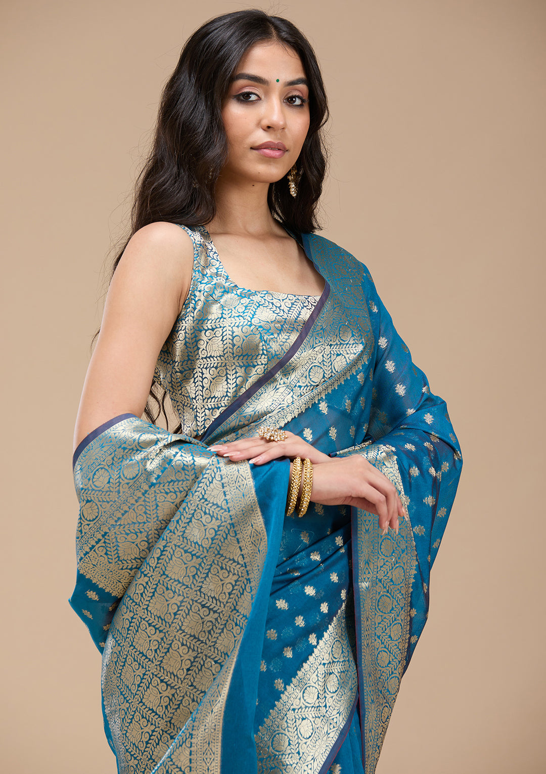 Navy Blue Zariwork (Gold) Banarasi Silk Saree