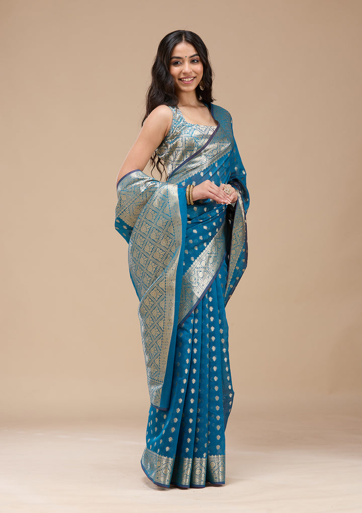 Navy Blue Zariwork (Gold) Banarasi Silk Saree