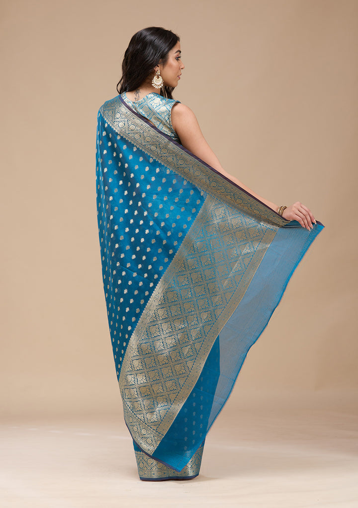 Navy Blue Zariwork (Gold) Banarasi Silk Saree
