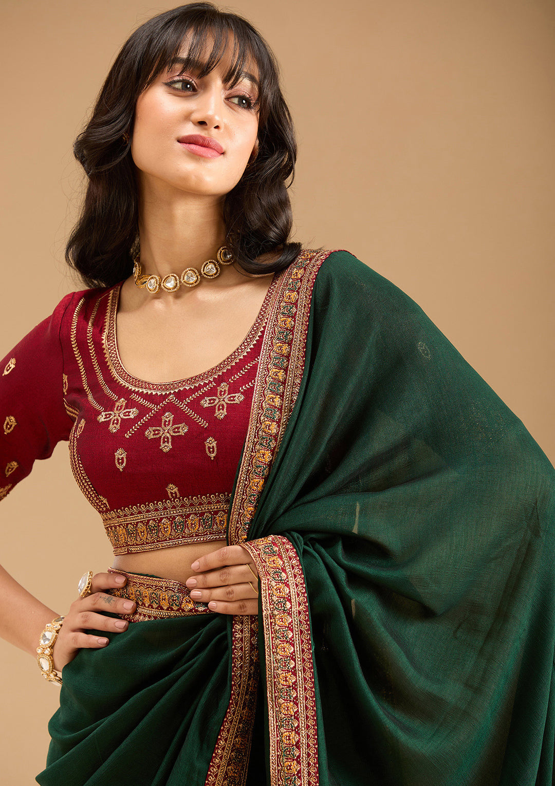 Bottle Green Gold Zariwork Soft Raw Silk Saree