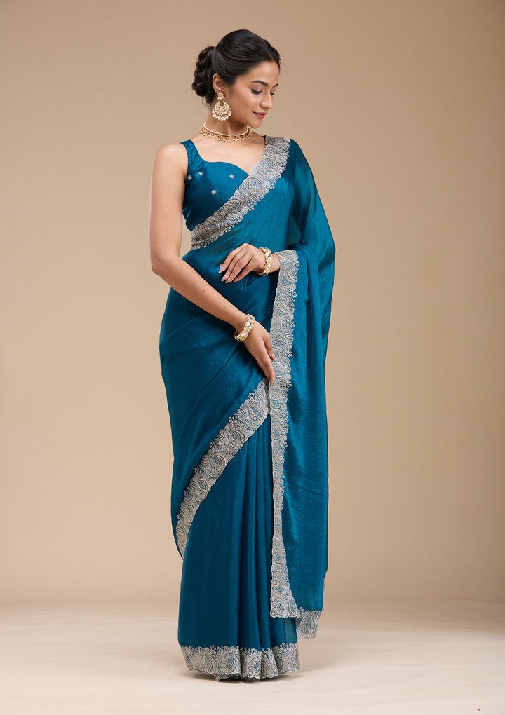 Peacock Blue Zariwork Silk Saree