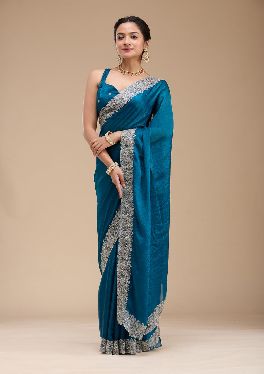 Peacock Blue Zariwork Silk Saree