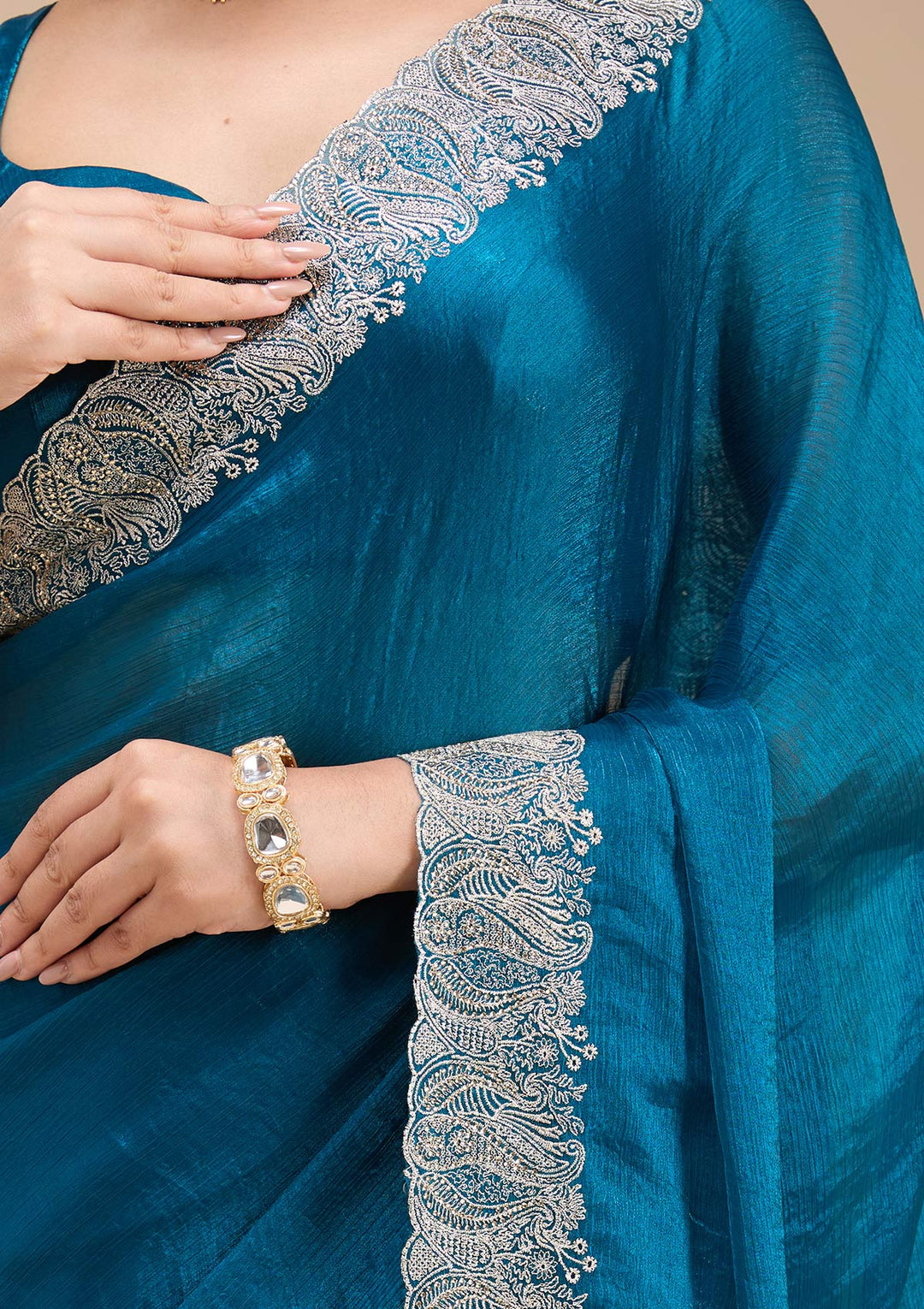 Peacock Blue Zariwork Silk Saree