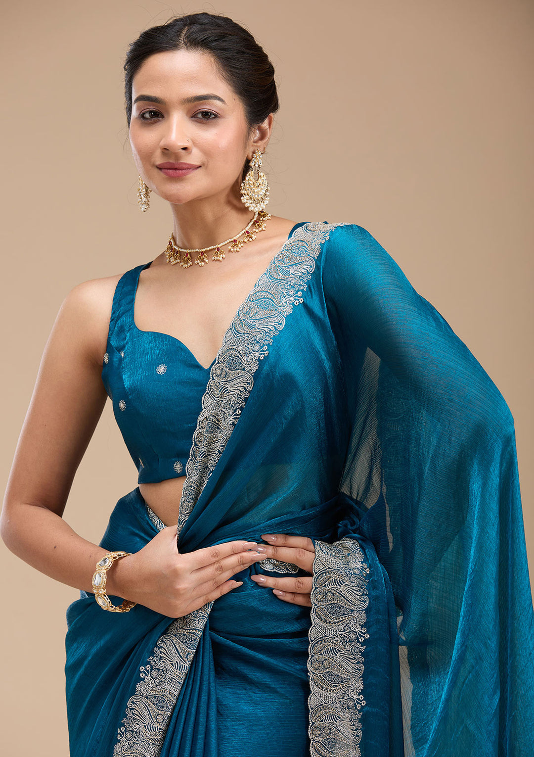 Peacock Blue Zariwork Silk Saree