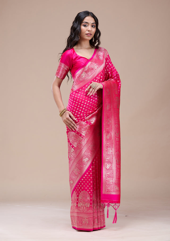 Magenta Pink Stonework Banarasi Silk Saree