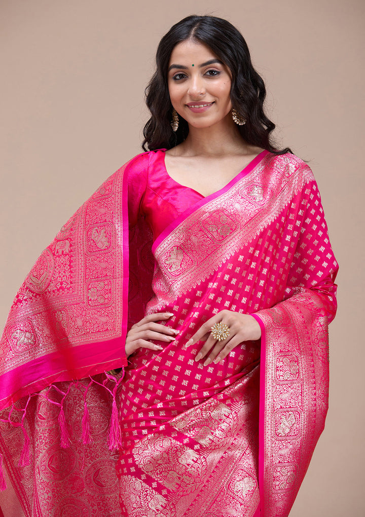 Magenta Pink Stonework Banarasi Silk Saree