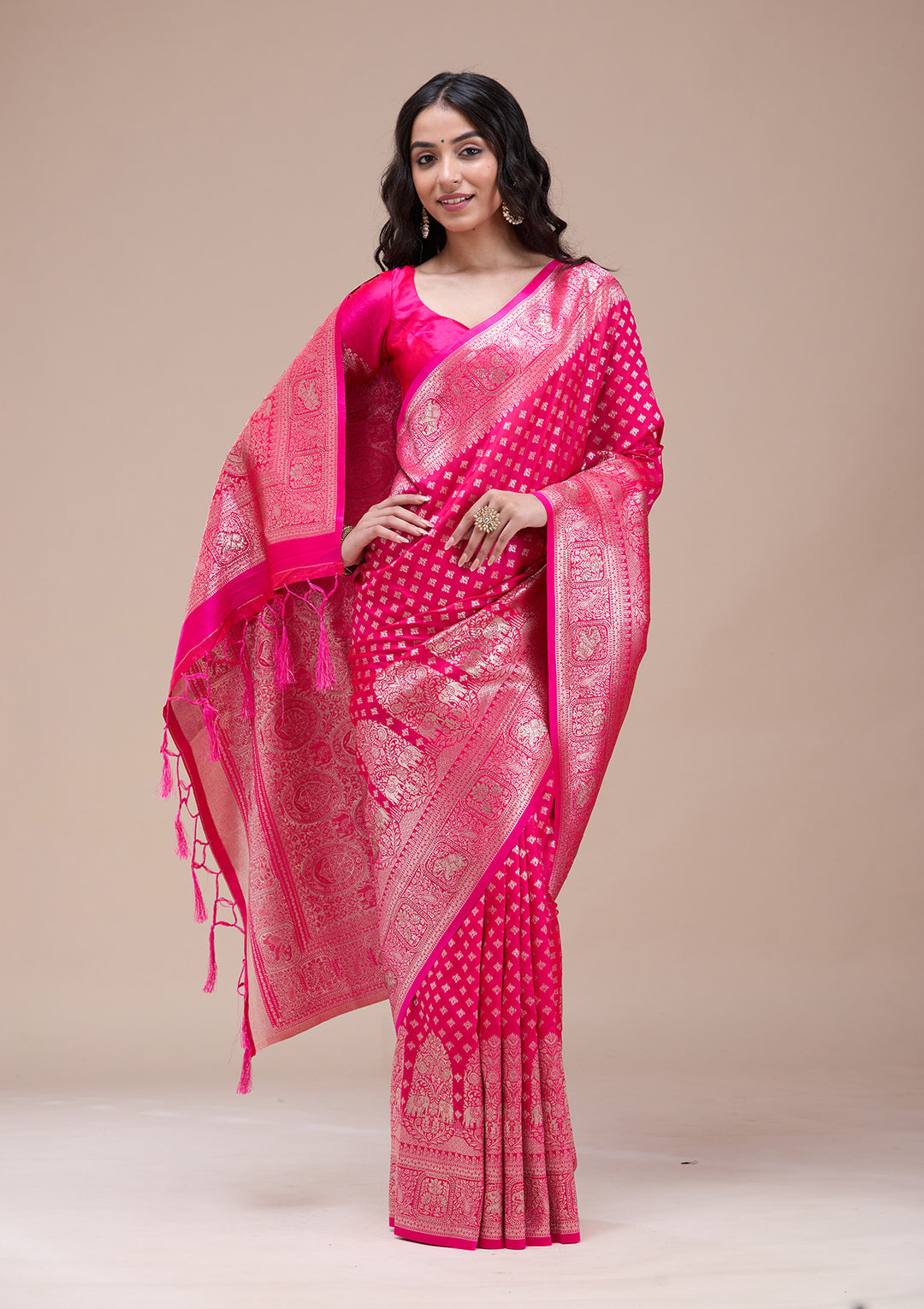 Magenta Pink Stonework Banarasi Silk Saree