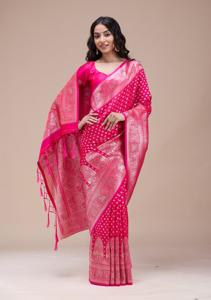 Magenta Pink Stonework Banarasi Silk Saree