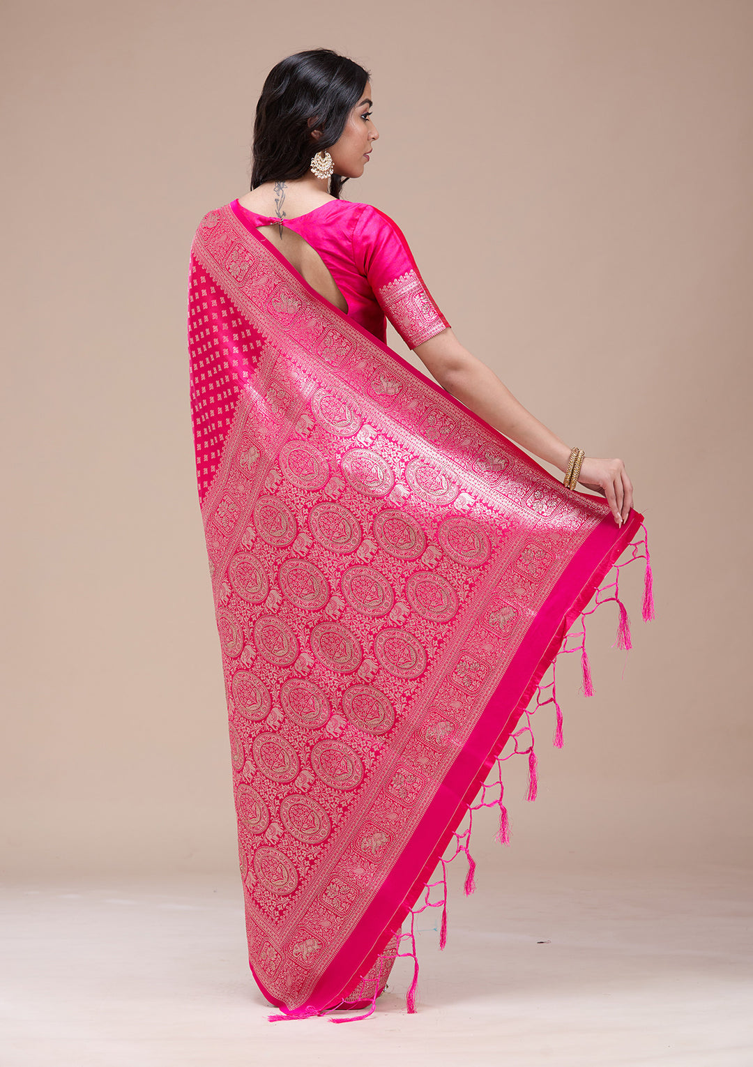 Magenta Pink Stonework Banarasi Silk Saree