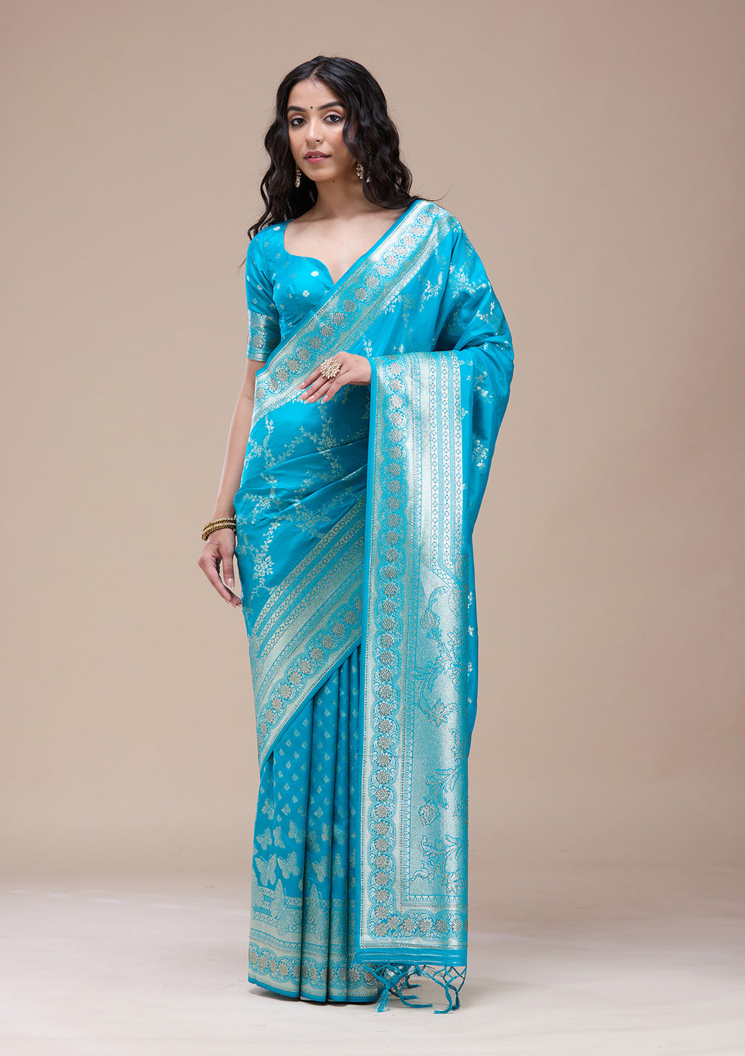 Turquoise Blue Stonework Banarasi Silk Saree