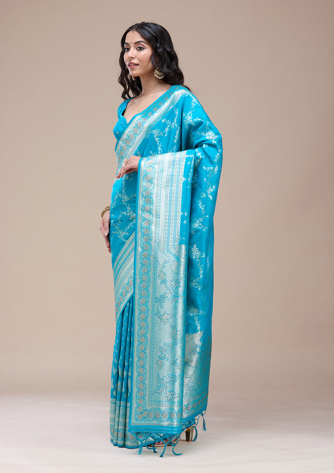 Turquoise Blue Stonework Banarasi Silk Saree