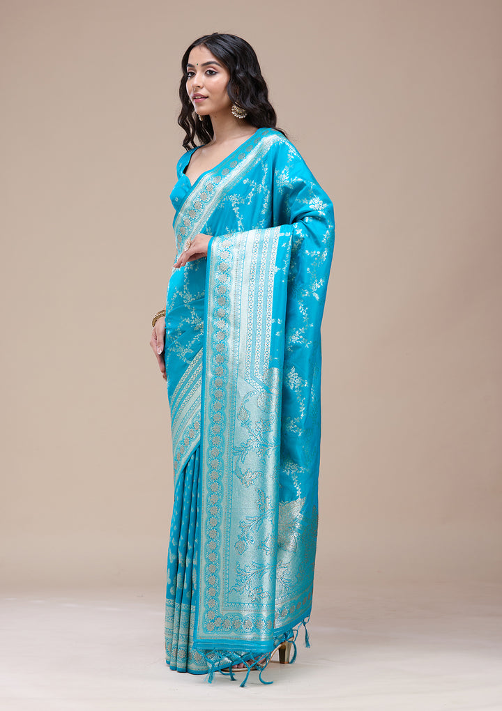 Turquoise Blue Stonework Banarasi Silk Saree