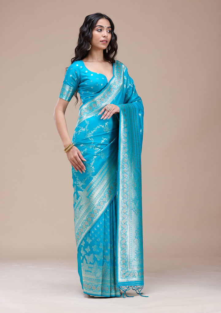 Turquoise Blue Stonework Banarasi Silk Saree