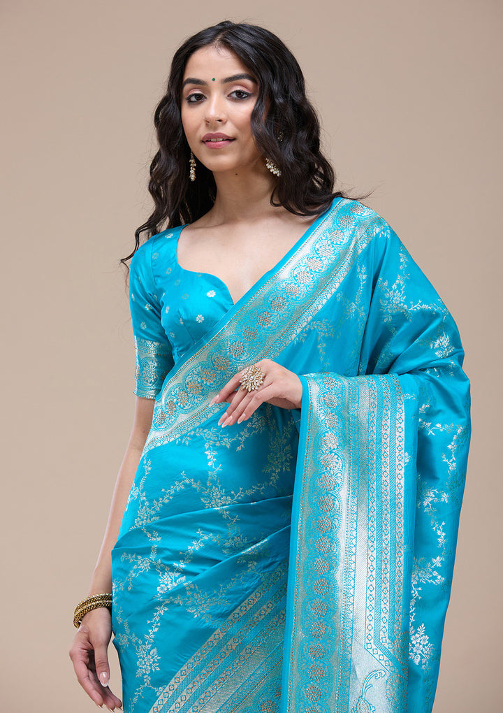 Turquoise Blue Stonework Banarasi Silk Saree