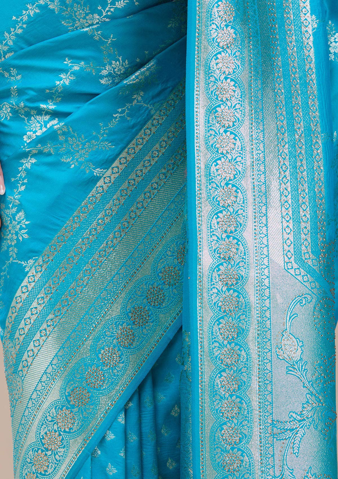 Turquoise Blue Stonework Banarasi Silk Saree