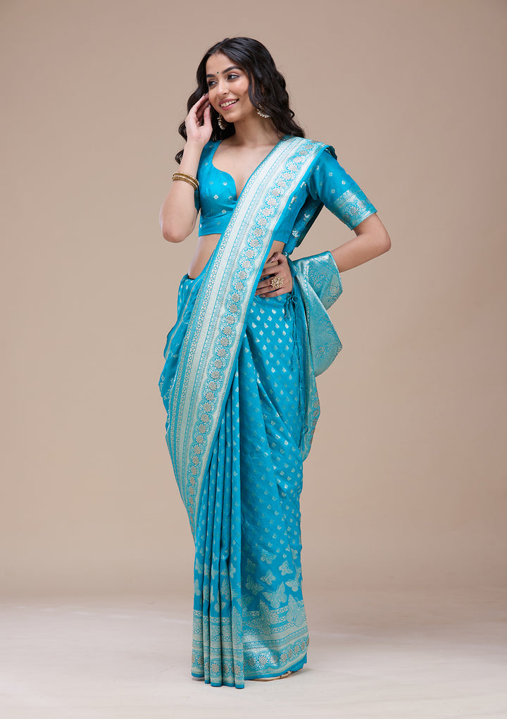 Turquoise Blue Stonework Banarasi Silk Saree